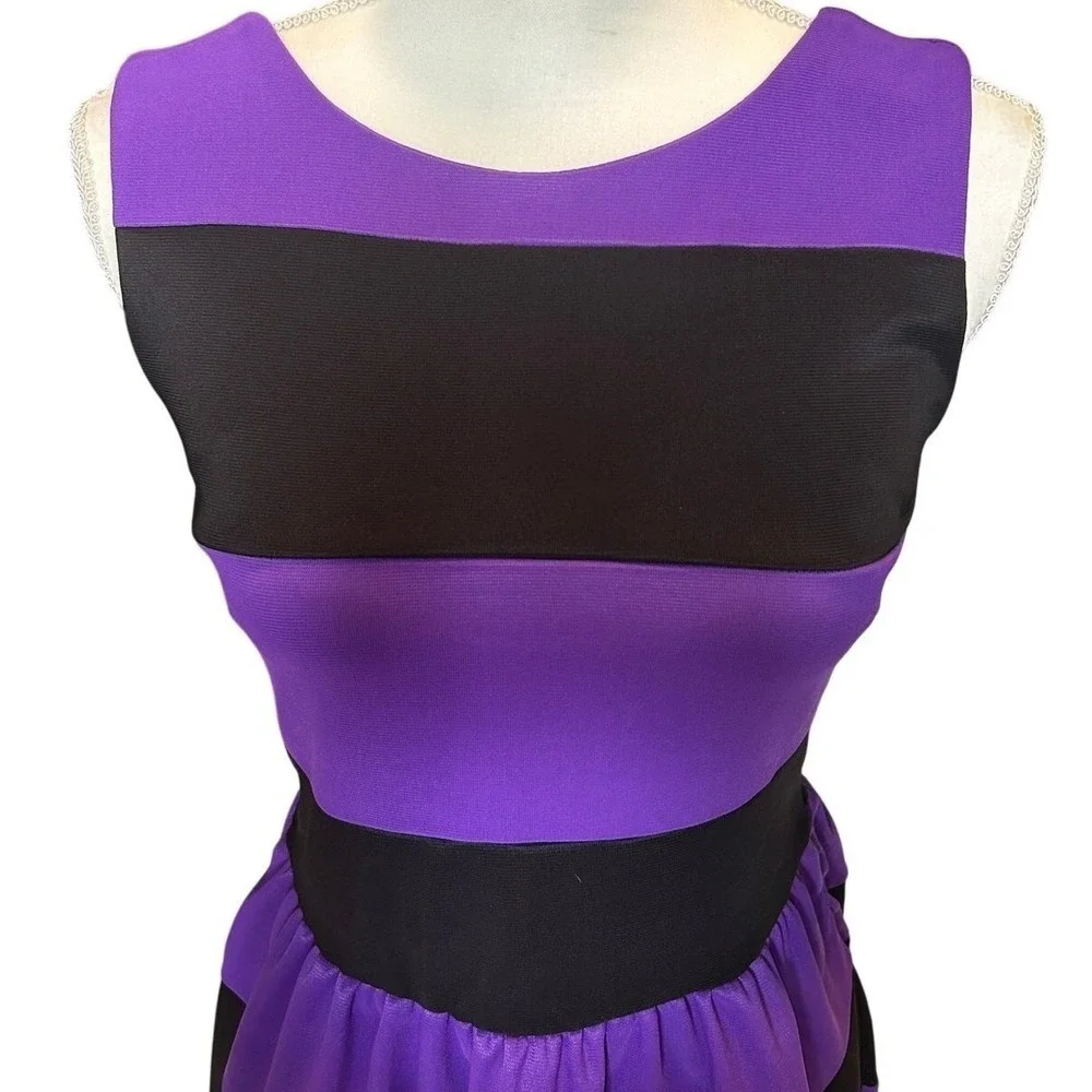 Purple Black Striped Fit & Flare Midi Dress Women's Medium Sleeveless Retro - Picture 4 of 8